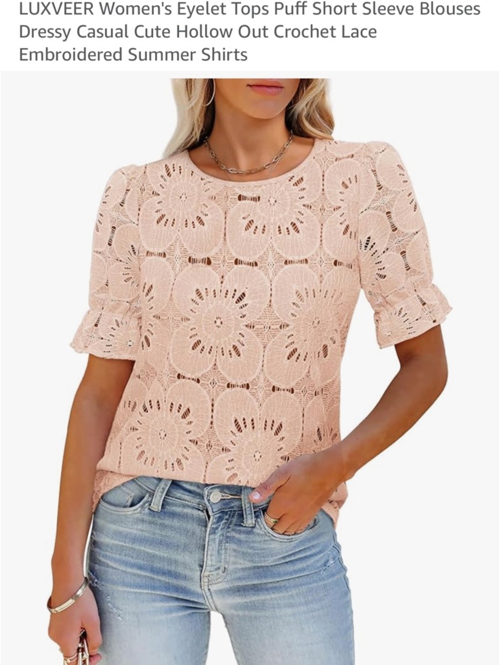 Crochet Eyelet Puff Sleeve Blouse - Blush Pink